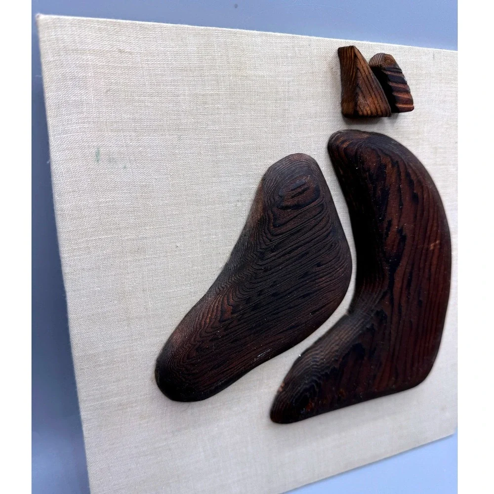 Vintage Mid Century Modern Abstract Wood Horse Head Wall Art Linen Board 9.5in